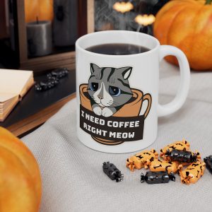 Home memes and seams signature mug: i need coffee right meow | cute cat lover gift (11oz & 15oz)
